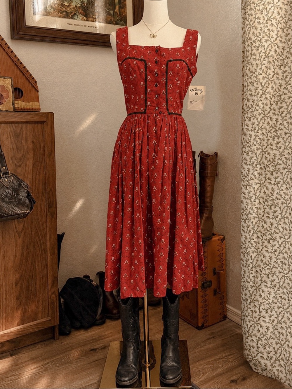 Vintage Lanz Originals Red Floral Prairie Dress XS/S Austrian Folk Midi